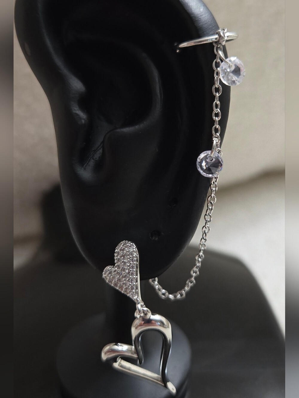 Silver Heart Dangle Ear Cuff with Crystal Accents